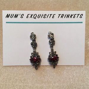 Antique Style Hematite Red Crystal Post Earrings
